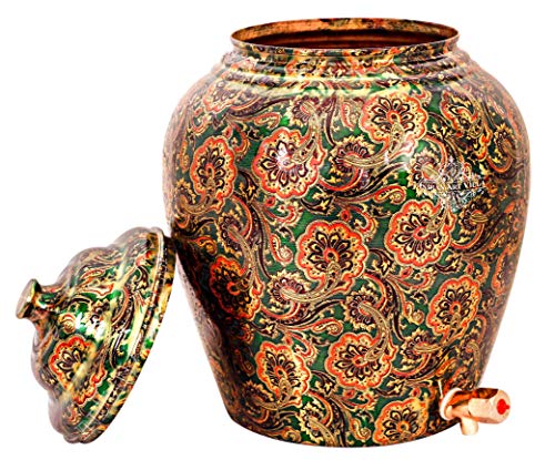 Image of Indian Art Villa Printed Design Copper Water Dispenser Pot Matka, Storage, Home Garden, 6 LTR, Bottle Green