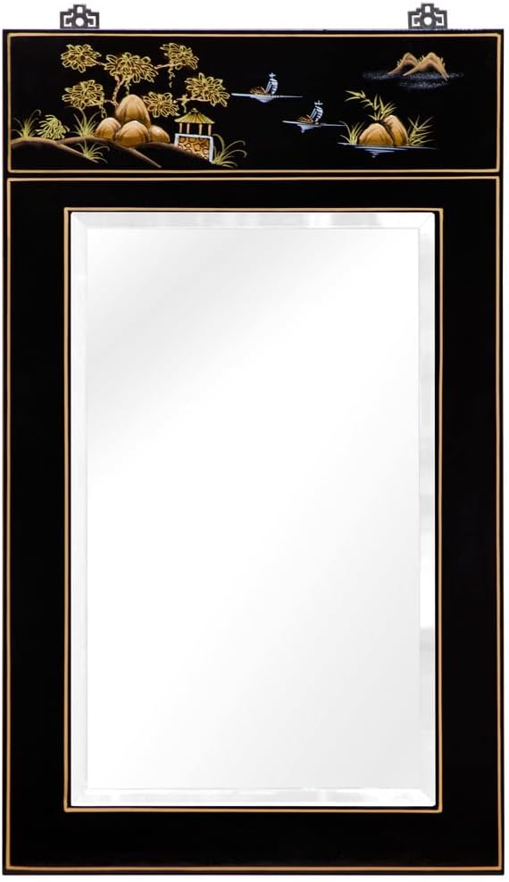 ChinaFurnitureOnline Negro Laca Chinoiserie Paisaje Motivo Oriental Espejo Vertical