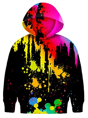Asylvain Teen Boys Black Color Paint Drip Graphic 3D Hoodies Funny Design Long Sleeve Sport Sweater For Girls And Boys, 13-15 Years #TOP3