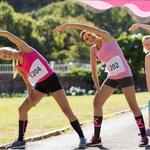 Image of Haysandy 24 Pairs Breast Cancer Awareness Socks Bulk Pink Ribbon Socks Women Football Volleyball Softball Cheer Pink Out Game