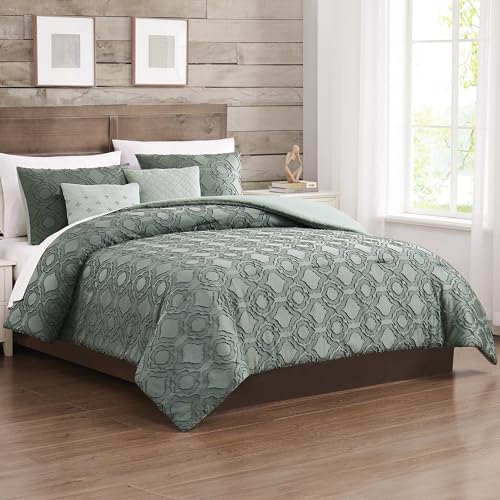 Image of Modern Threads 5-Piece Jacquard Comforter Set, Samson Queen in Ivy Green - Elegant Comforter, 2 Pillow Shams, and 2 Decorative Pillows