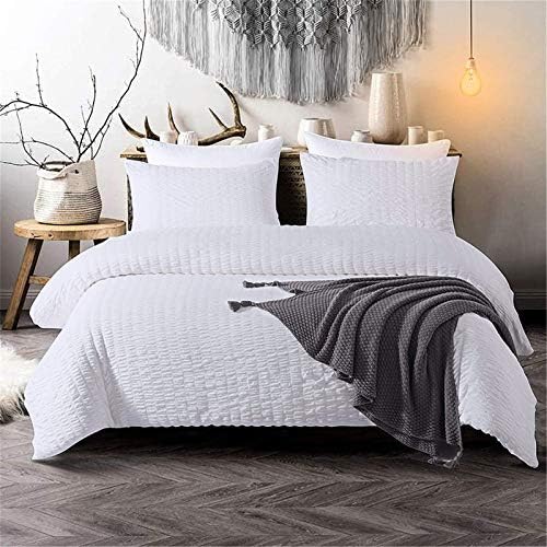 IVORY/CREAM KING Bed Size SEERSUCKER Print, Duvet Cover And Pillow Cases Bedding Set