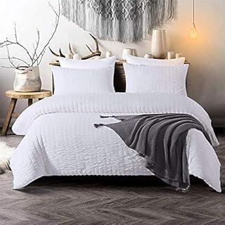 White Classic Seersucker Duvet Cover for Teens Adults Pinch Pleat Bedding Set with 1 Pillowcase Classic Puckering and Crimping Quilt Cover with Zipper Closure Single Size 135×200cm