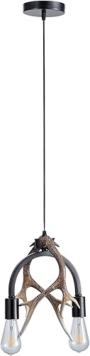 Miniatura 1 de Candelabro de cornamenta, moderna lámpara de cornamenta de ciervo de 2 luces, lámpara colgante de cornamenta negra de hierro de resina para