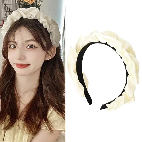 White Satin Wide Headband for Women Wide Ruched Ruffle Hairband Headbands Elastic Pleated Hair Head Band Fashion Thick Hairbands for Girls Hair Hoop Hoops Hair Accessories for Women Girls