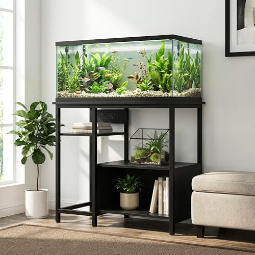 Image of Garvee 40-50 Gallon Fish Tank Stand with Power Outlets | Heavy Duty Metal and Wood Aquarium Stand with 4-Tier Open Storage Shelves and Sturdy L