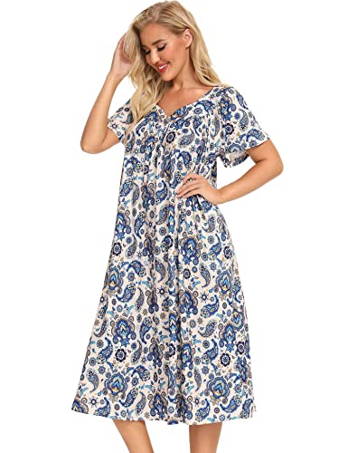 Image of Bloggerlove Mumu House Dress for Women with Pockets Short Sleeve Nightgowns | 15% Cotton, 80% Polyester, 5% Spandex, Floral Mumu House Dress, V-Neck, Short Sleeves, Midi Length, 2 Side Pockets, Lounging
