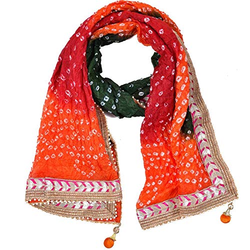 PK HUBWomen's Silk Jaipuri Rajasthani Bandhani Bandhej Heavy Dupatta with Gota Work and Latkan