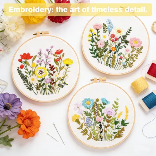 Image of RidaaFri Embroidery Kit for Beginners, Set of 3 Flower Pattern DIY Practice Kits for Adults, Hand Embroidery Set with Step-by-Step Guide & Video Tutorial, Includes Hoop, Needles, Floss