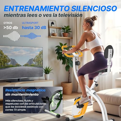 Ultrasport F-Bike Bicicleta Estática Plegable hasta 130 KG, Extra Silencioso con Sillín de Confort Ajustable - Bici Estática Plegable Indoor, Bicicletas Estáticas - Imagen 5