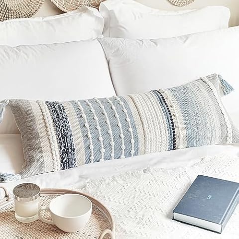 BlissBlush Coastal Blue Decorative Lumbar Pillow Cover 14x36 Boho Long Body Pillow for Bed Farmhouse Lumbar Throw Pillow for Couch Modern Accent Textured Throw Pillowcase Cover
