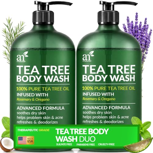 Artnaturals Tea Tree Body Wash 16 fl oz (2 Pack) - Extra Strength Shower Gel with Rosemary & Oregano - For Acne, Athlete's Foot, Jock Itch, Ringworm & Body Odor - Men & Women, Sulfate & Paraben Free