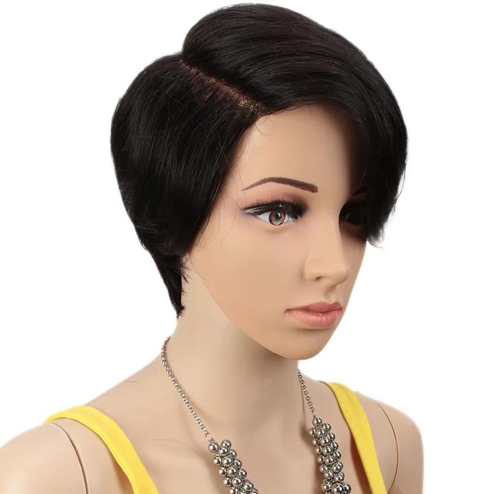 Haarpflege Schwarze Kurzschnitt Perücke Mit Geradem Seitenteil Spitze 100% Echthaar Für Damen Leimlose Perücken(Right Lace)