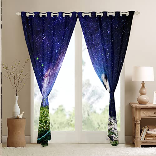 Panda Curtains Cute Animal Bamboo Window Curtains 76"X45" Galaxy Starry Sky Series Decor Window Treatments For Girls Lady,Wild Animals Bear Wildlife Draperies,Cosmic Star Bedroom Decor Blue Purple #TOP3
