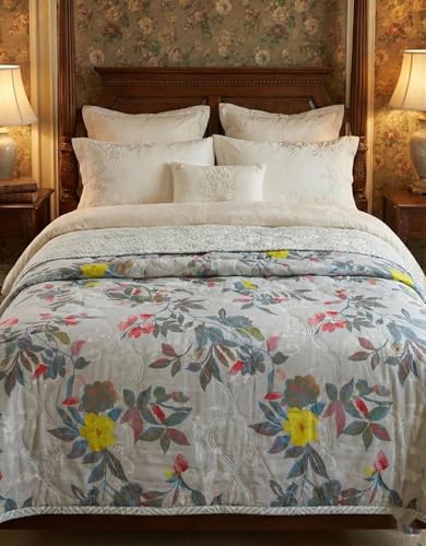 Image of 250 GSM Cotton AC Comforter for Summer | Lightweight Floral Design | Reversible All-Season Dohar Blanket Quilt (Gray Design, Double 90 inch x 100 inch)