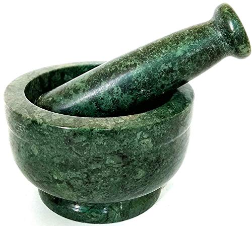 Image of Saudeep India Green Marble Granite Imam Dasta, Mortar and Pestle Set, Ohkli Musal, Kundi, Kharal or khalbatta or Mixer and Grinder Set for Kitchen (Green, 4x3 Inchs)