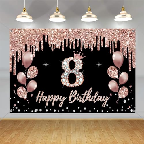 Decorazioni per 8° compleanno per ragazza, Happy 8 Years Old in tessuto poster sfondo oro rosa, forniture per feste di 8° compleanno, sfondo fotografico cartello di benvenuto, 150 cm x 90 cm