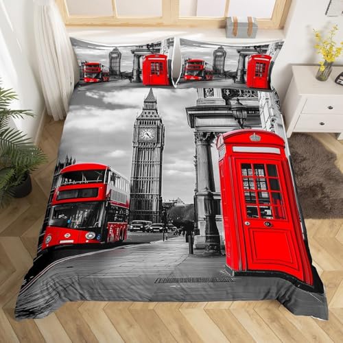 Housse de Couette 240 x 260 Londres Parure de Lit 2 Personnes Bâtiments de la Ville Imprimée 3D Microfibre Douce Londres Housse Couette Réversible avec 2...