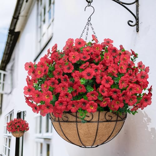 Image of Bassion Artificial Hanging Silk Flowers for Outdoors with Basket, Red