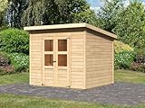 Karibu Gartenhaus Merseburg 5 | Gerätehaus mit 14 mm Wandstärke | Doppeltür mit Lichtausschnitten | Schuppen: 5,18 m² Grundfläche | Steck-/Schraubsystem | Naturbelassen | 265 x 236 x 220 cm