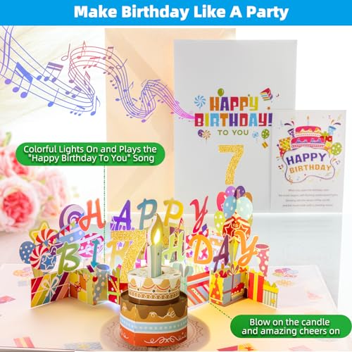 Image of Gumry 7th Pop-Up Musical Birthday Card with Blowable LED Candle for Kids