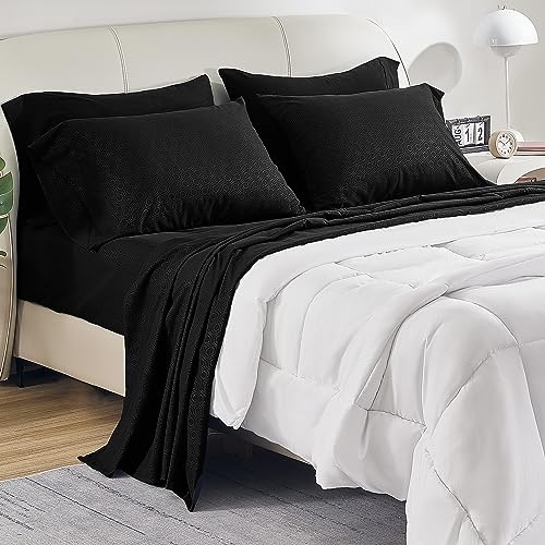 Image of SLEEP ZONE Luxury Embossed Twin Bed Sheets Set for Kids, Black Honeycomb Pattern Sheet & Pillowcase Sets 3 Piece - Super Soft, Wrinkle Free, Fade Resistant, Deep Pocket 16 inch (Black, Twin)