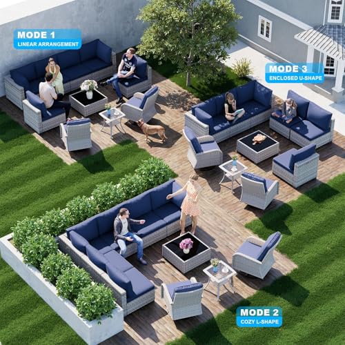 Image of 10-Piece Modern Patio Furniture Set with Swivel Chairs, Thick Cushions, Dual-Strand Wicker Rattan, Rust-Resistant Frame, Navy Blue