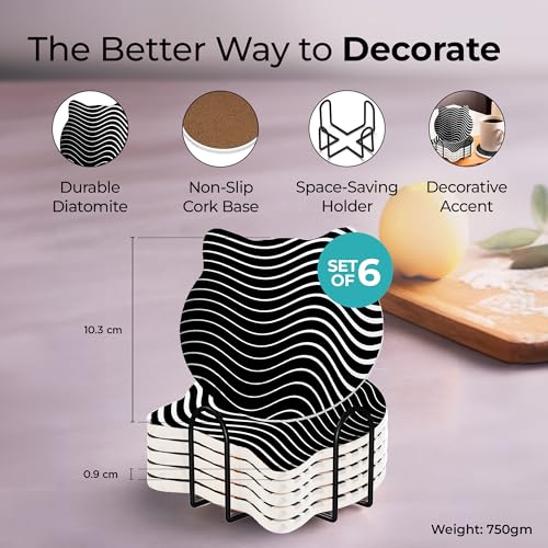 Image of The Better Home Unique Tea Coaster Set of 6 (Dia- 10cm, Thick- 9mm) |Dinning Table Accessories| Coffee Mugs /Cups /Tea Coaster Set|Gift for Housewarming |Kitty Party Return Gifts for Women (Black /White)