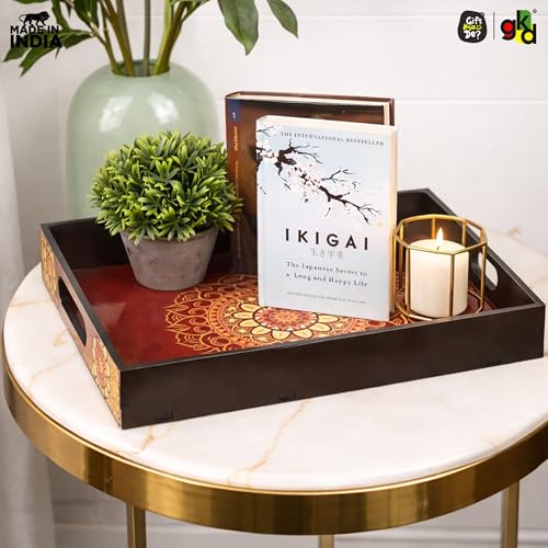 Image of GKD Serving Tray Set for Serving | Premium MDF Tea Coffee | Red Mandala Art