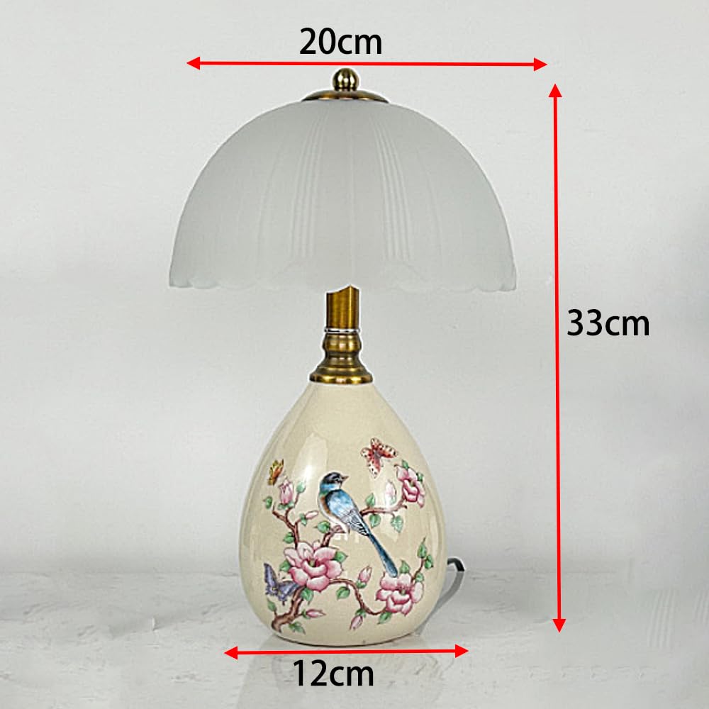 XINYASEE Vintage bemalte Keramik-Tischlampe mit Vogel- und Blumenmuster, Retro-Nachttischlampe mit mattiertem Glasschirm für Schlafzimmer, Wohnzimmer, Büro (erhältlich in Beige, Grün, Rosa) (Beige)