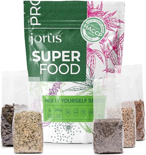 Superfood-Samen-Mischung – 5 × 200 g mit Sonnenblumenkernen, Leinsamen, Hanfsamen, Chiasamen und Kürbiskernen – reich an Ballaststoffen, Omega-3-Fettsäuren und pflanzlichem Eiweiß (insgesamt 1 kg)