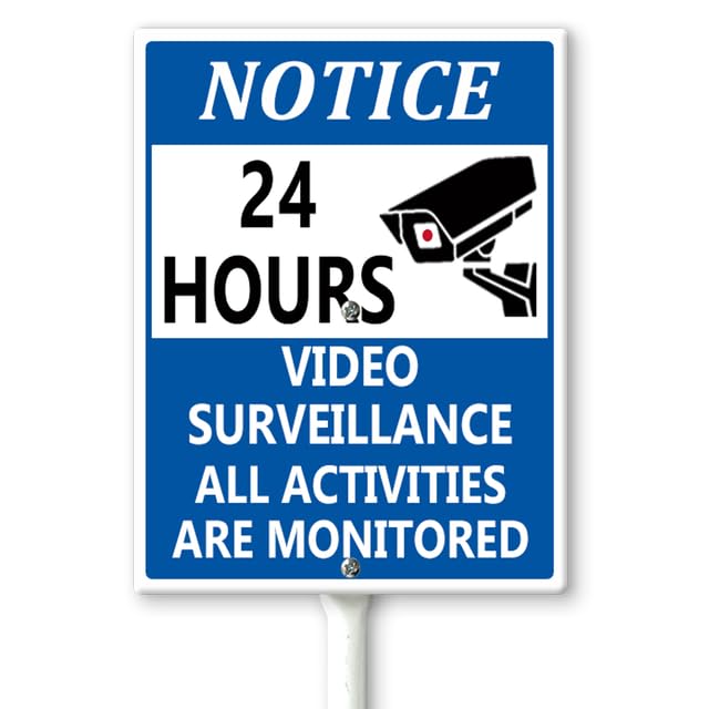 Horienteeon 24 Hour Video Surveillance Yard Sign with Stakes 17.5×22cm, Metal No Trespassing Sign for Yard Grass Lawn, Sturdy Aluminum Sign Rust Free, Fade Resistant, Bee Gifts