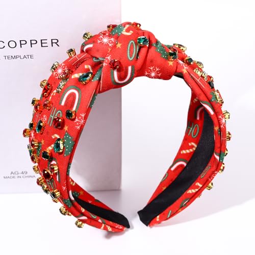 Yahpern Christmas Headband For Women Holiday Christmas Accessories Xmas Tree Snowflake Reindeer Candy Cane Knotted Headband Jeweled Crystal Pearl Wide Top Knot Headband Festive Holiday Hair Accessory Gifts thumb #5