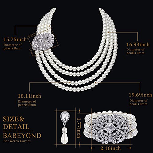BABEYOND 1920s Gatsby Pearl Necklace Vintage Bridal Pearl Necklace Earrings Jewelry Set Multilayer Imitation Pearl Necklace with Brooch2