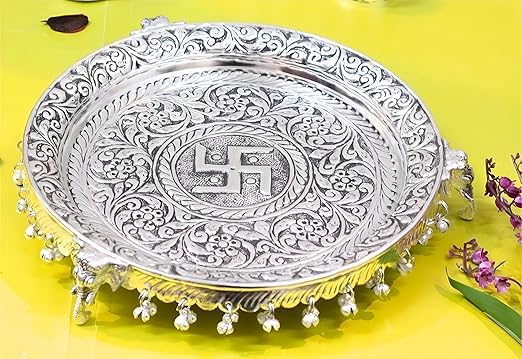 German Silver Pooja/Aarti Thali (Diameter 10”) with Full Ghungroo...