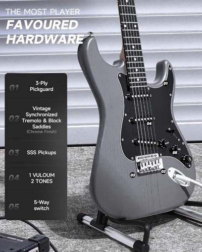 Image of DONNER DST-80 Electric Guitar 39 inch Beginner Electric Guitar Kit with Amp, Classic SSS Pickup Complete with Gig Bag, Tuner, Capo, Strap, Picks, and Free Online Lessons