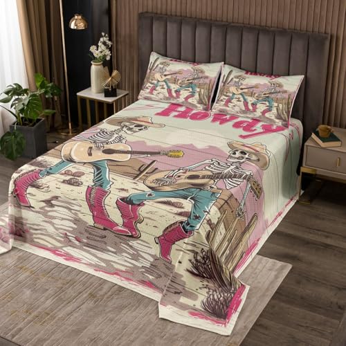 Manfei Howdy Bedspread Twin Size, Skeleton Playing Guitar Coverlet Set for Kids Boys Room Decor, Western Desert Cactus Quilted Coverlet with 1 Pillowcase, Soft Polyester Bedding Quilt