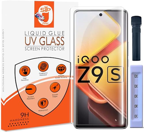 Image of UV Advanced Tempered Glass Screen Protector Guard Compatible For IQOO Z9s Pro 5G (6.77 Inch, Pack of 1) Full Adhesive UV Curved Case Friendly HD Clarity