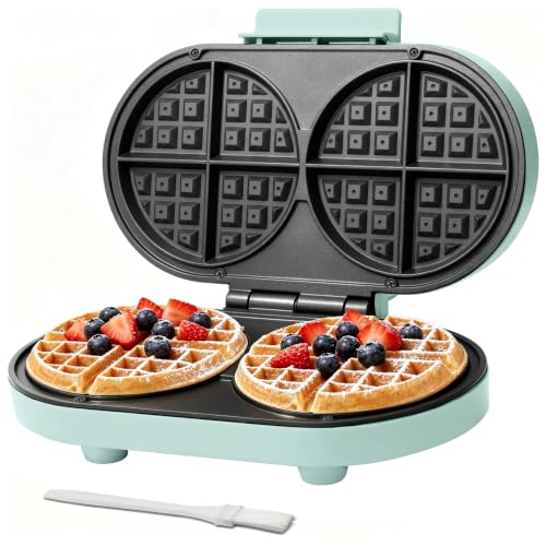 Image of Baker's Friend Double Belgian Waffle Maker Thick, 2 X 6 inch Round Waffle Maker, Belgium Waffle Iron, Waflera Electrica with Non-stick Plates, 1200W, Perfect for Kids & Family Breakfast, Aqua