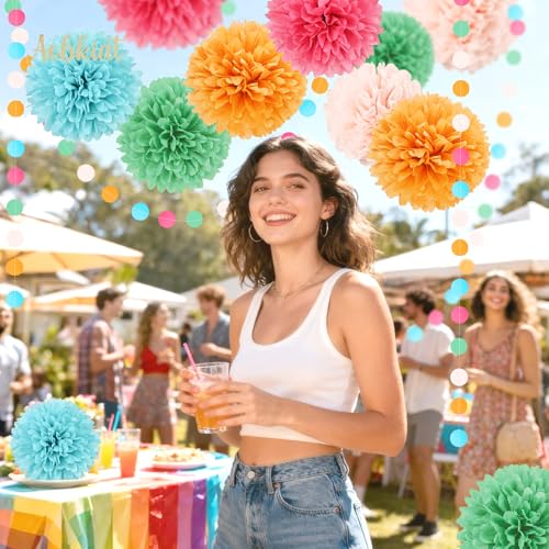 Image of AOBKIAT Rainbow Birthday Decorations for Girls Women,15PCS | Colorful Tissue Paper Pom Poms,Paper Garland String,for Candyland Theme Baby Shower Wedding Fiesta Party Hanging Backdrop