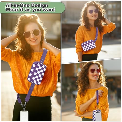 Image of YFWE Clip and Go Strap for Phone with Wallet Crossbody, Adjustable Phone Lanyard with Detachable RFID Wristlet Wallet, Phone Strap with Phone Tabs for All Phones, Purple Checkered (M)