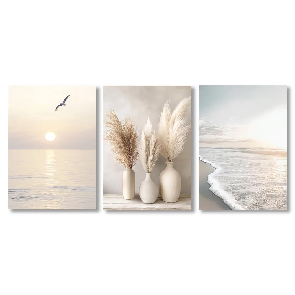 SOBMQ Pictures-Abstract Beige Sunset Beach Palm Trees Modern Art Canvas Paintings Nordic Posters and Prints Wall Picture for Living Room Decoration-40 * 60cm-3PCS (No Frame)