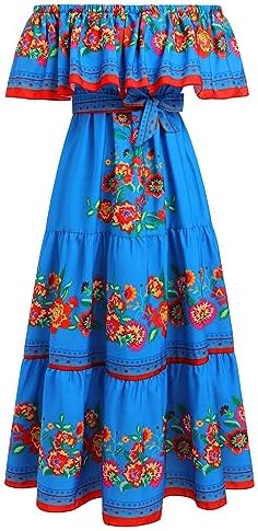 Women Mexican Dress Summer Floral Print Traditional Ethnic Wear Off Shoulder Beach Holiday Party Long Maxi Gowns