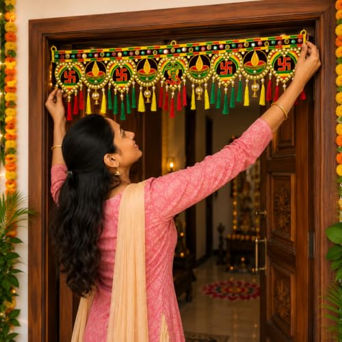 Image of ONESTA Traditional Swastik & Diya Door Toran for Main Door | Handmade Decorative Bandarwal with Kalash Mirror Work & Tassels | Festive Door Hanging for Diwali Navratri Housewarming Wedding & Pooja Decor 3 Feet | 36 Inch Pack 01