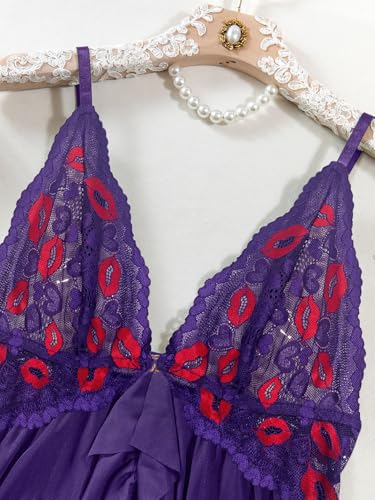 Image of Foxiny Sexy Open Front V Neck Ruffle Sheer Mesh Lace Wireless Babydoll Lingerie Dress with Thong 2 Piece