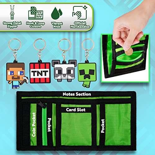 Minecraft Boys Wallets for Kids with Card Slots Boys Wallet with Zip Coin Pocket Creeper Keyrings for Kids Gamer Accessories Gift Set Gaming Gifts for Boys