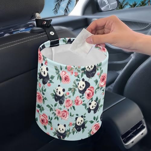 Image of Panda Flower Car Trash Can Cute Garbage Bin Hanging Portable Dustbin Bin Waste Basket Collapsible Small Trash Can Easy to Clean