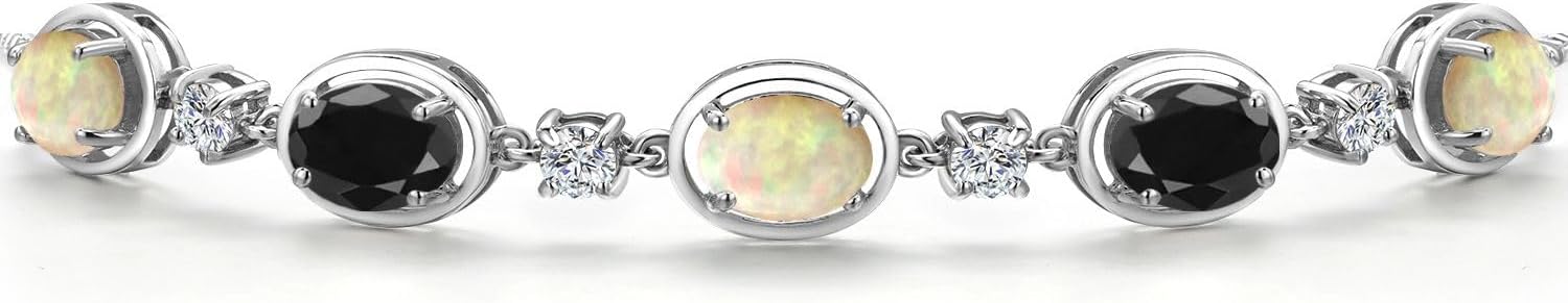 925 Sterling Silver White Ethiopian Opal, Black Sapphire and Lab Grown Diamond Bracelet For Women | 4.13 Cttw | Gemstone October Birthstone | Oval Cabochon 7X5MM | Fully Adjustable 9 Inch - Image 3