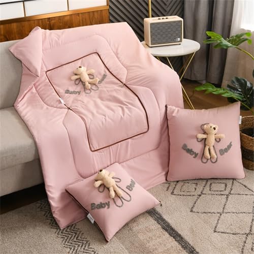 Surwin Pillow Blanket 2 In 1, Bear Print Travel Blanket and Pillow, Adult Kids Multifunctional Airplane Blanket Back Support Cushion for Rest Sofa Bed Office Chair (Pink,100x150cm)