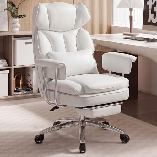 OLIXIS Home Office Desk Chair Comfy with Foot Rest, PU Leather Ergonomic Big and Tall High Back Support, 360° Swivel Wheels, Armrests and Detachable Pillow, Height Adjustable, White